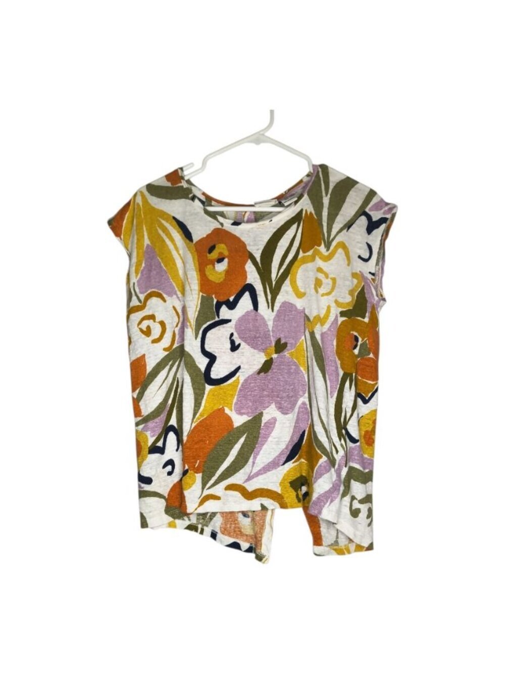 RACHEL ZOE Womens 100% Linen Scoop-Neck Tee Shirt Top Floral Button Back Size L